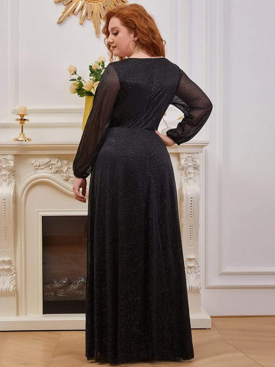 Plus Size V-Neck Shiny Puff Sleeve Evening Dress for Women