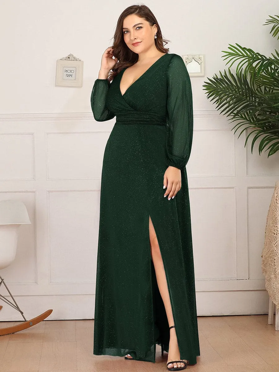 Plus Size V-Neck Shiny Puff Sleeve Evening Dress for Women