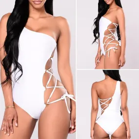 Sexy String monokini Lace up bikini One shoulder white swimsuit one piece Plus size swimwear women bodysuit swim suit