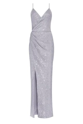 Spaghetti straps silver sparkling wrapped maxi dress