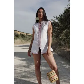 White & Pink Zigzag Embroidery Tunic Shirt- for resort wear, boho wear, beach wear, lounge wear